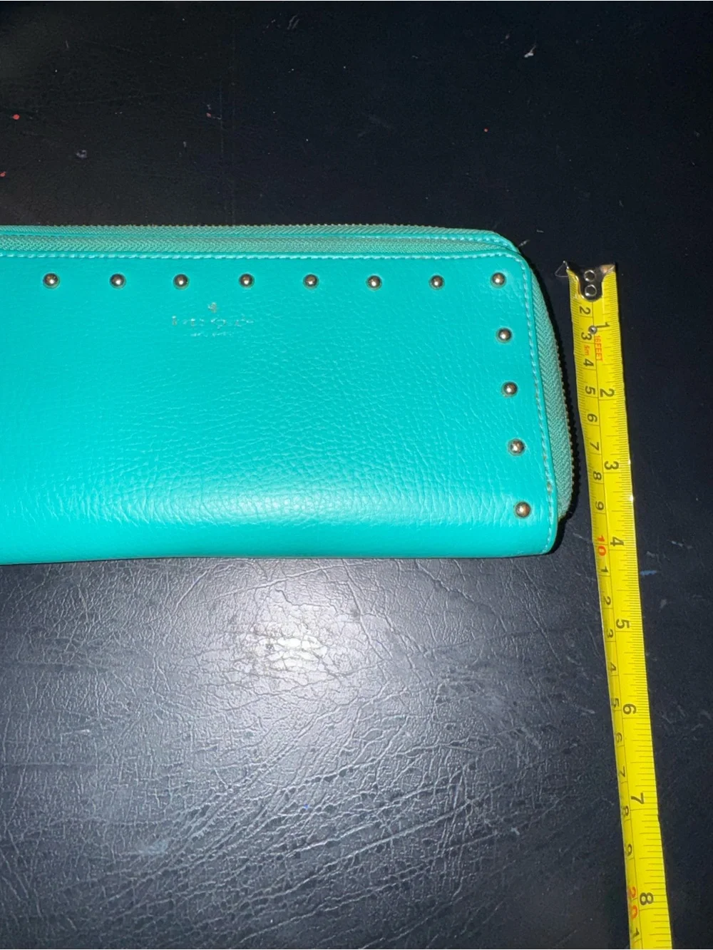 kate spade turquoise zip-around studded wallet